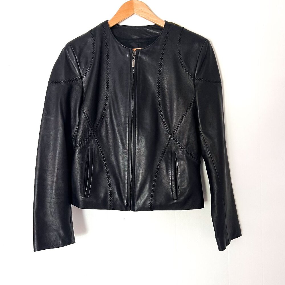 Siena Studio Black Leather Jacket Moto Biker Crop Collarless Seam Details SP - Picture 3 of 12